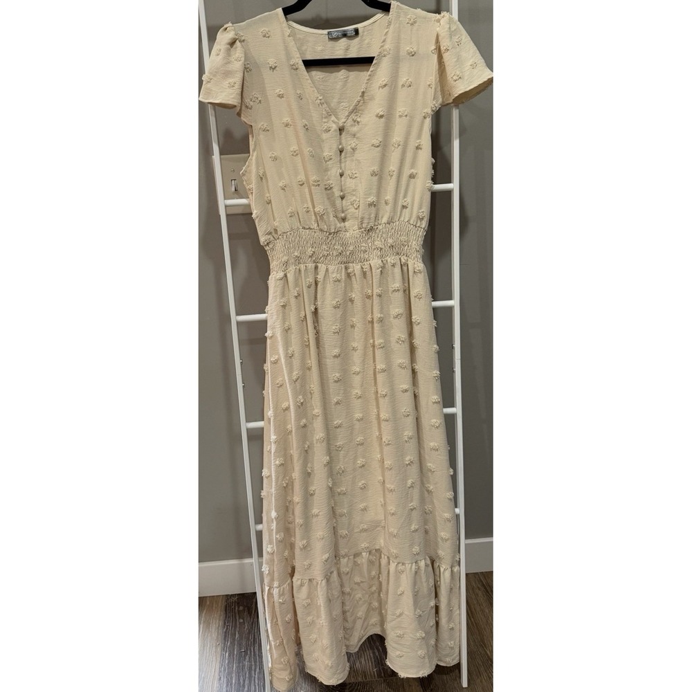 PRETTYGARDEN Beige Textured Maxi Dress Button V-Neck Flutter Sleeve Size M